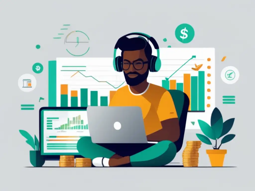 Freelancer exitoso rodeado de dinero y gráficos financieros Freelancer protege finanzas en inestabilidad laboral