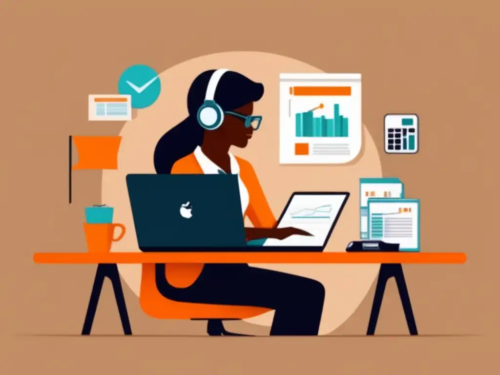 Freelancer eficiente en finanzas Ilustración minimalista de un freelancer con herramientas de gestión financiera