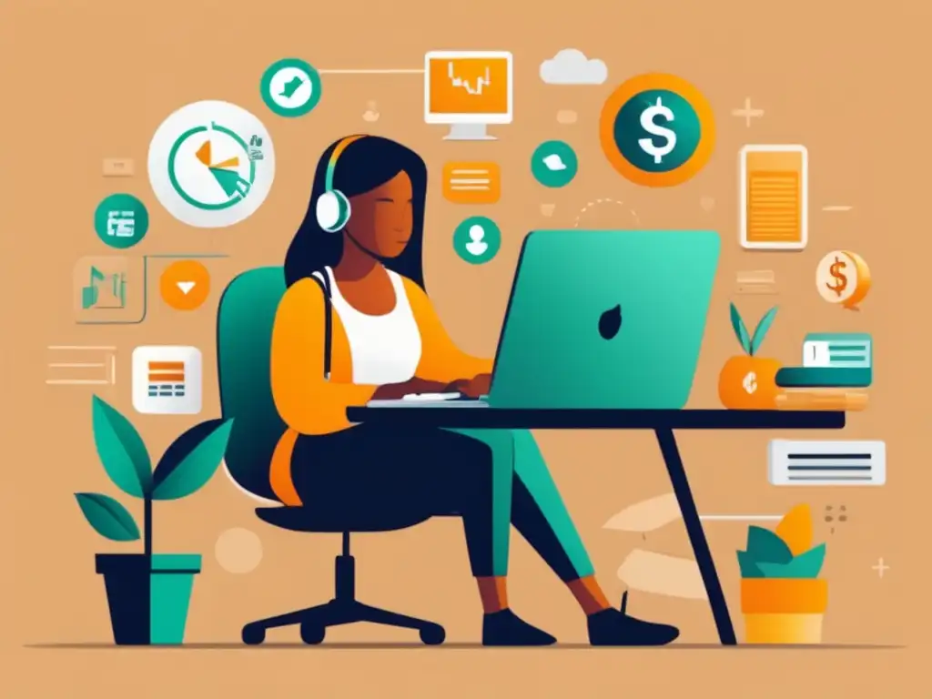 Freelancer enfocado en estrategias financieras Ilustración minimalista: freelancer en escritorio rodeado de símbolos financieros