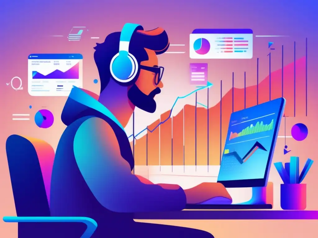Freelancer experto en finanzas Ilustración minimalista de un freelancer en su escritorio, rodeado de un mercado financiero caótico