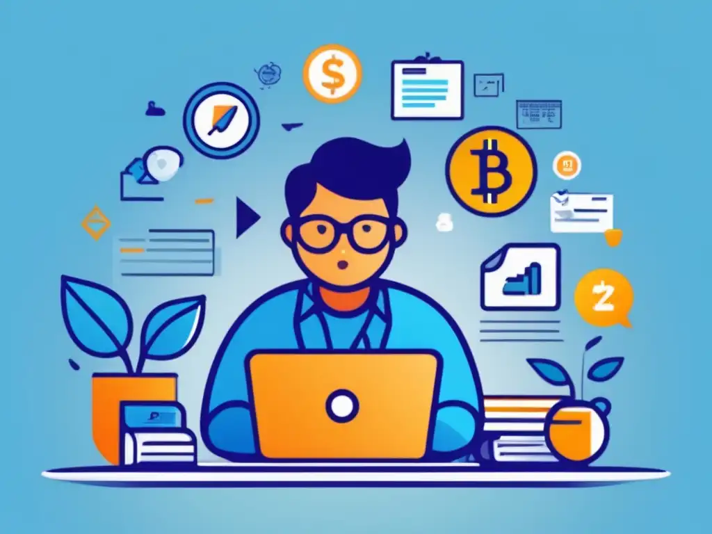 Freelancer enfocado en finanzas Freelancer en escritorio con símbolos financieros