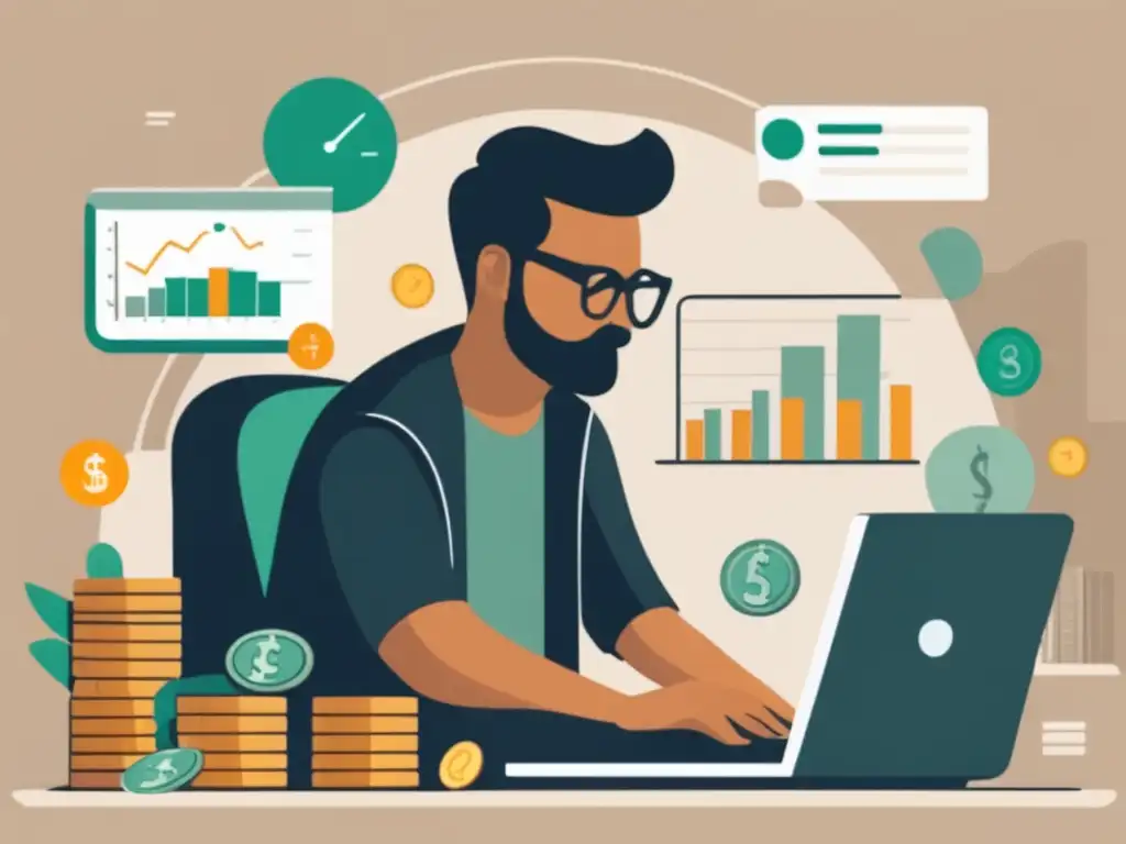 Freelancer financiero en su escritorio Freelancer con laptop y calculadora, rodeado de monedas y gráficos financieros