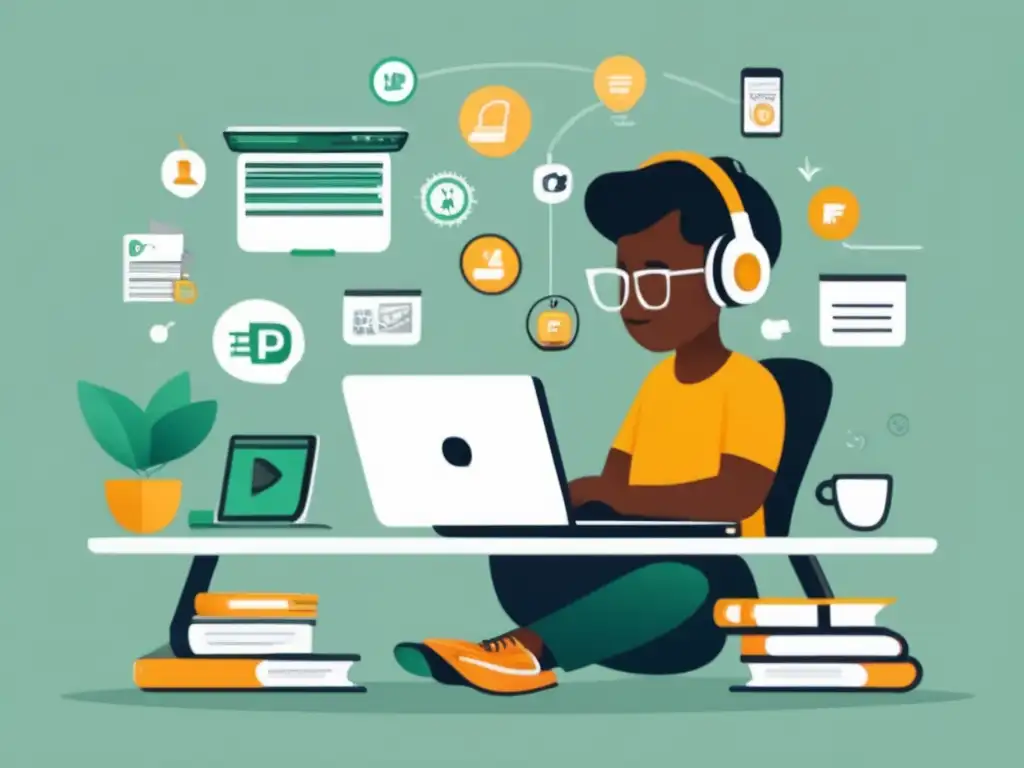 Freelancer trabajando con opciones financieras Freelancer en escritorio rodeado de opciones de financiamiento externo para freelancers