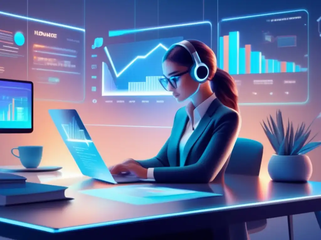 Freelancer estudiando finanzas en un entorno futurista Freelancer estudiando cursos de finanzas en un escritorio minimalista con gráficos holográficos