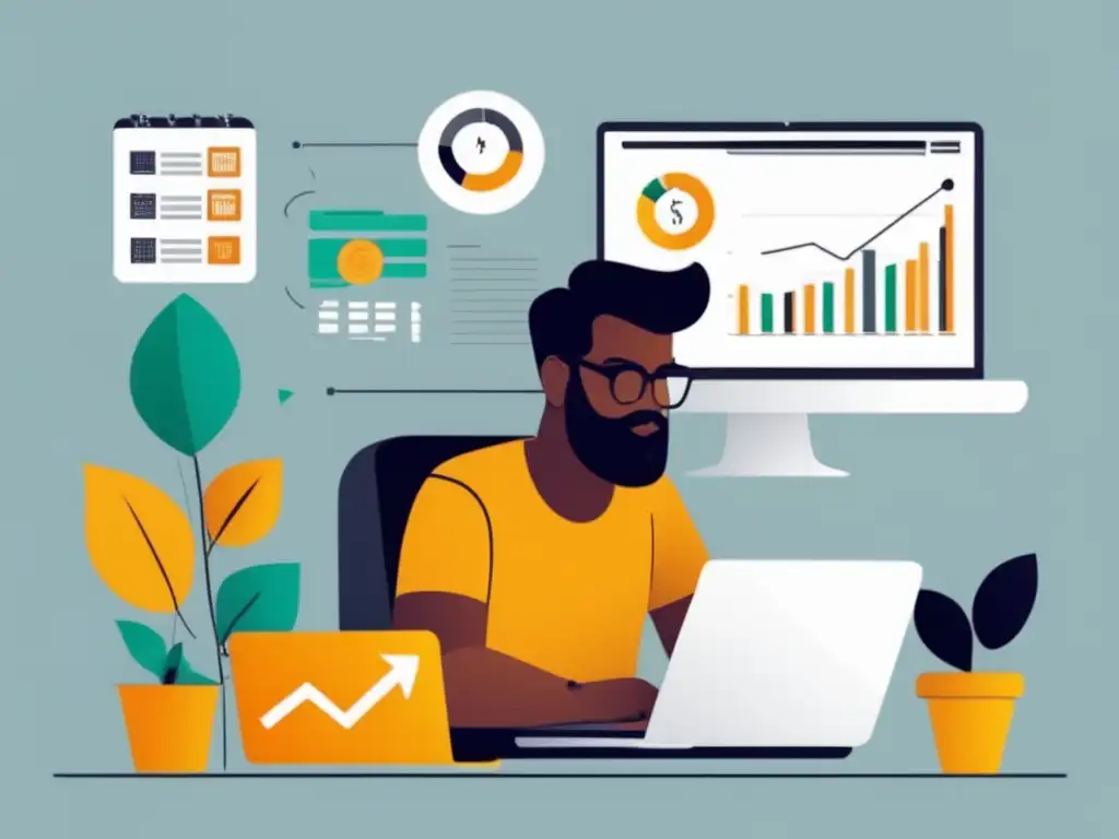 Freelancer enfocado en finanzas Freelancer en escritorio con laptop y elementos financieros