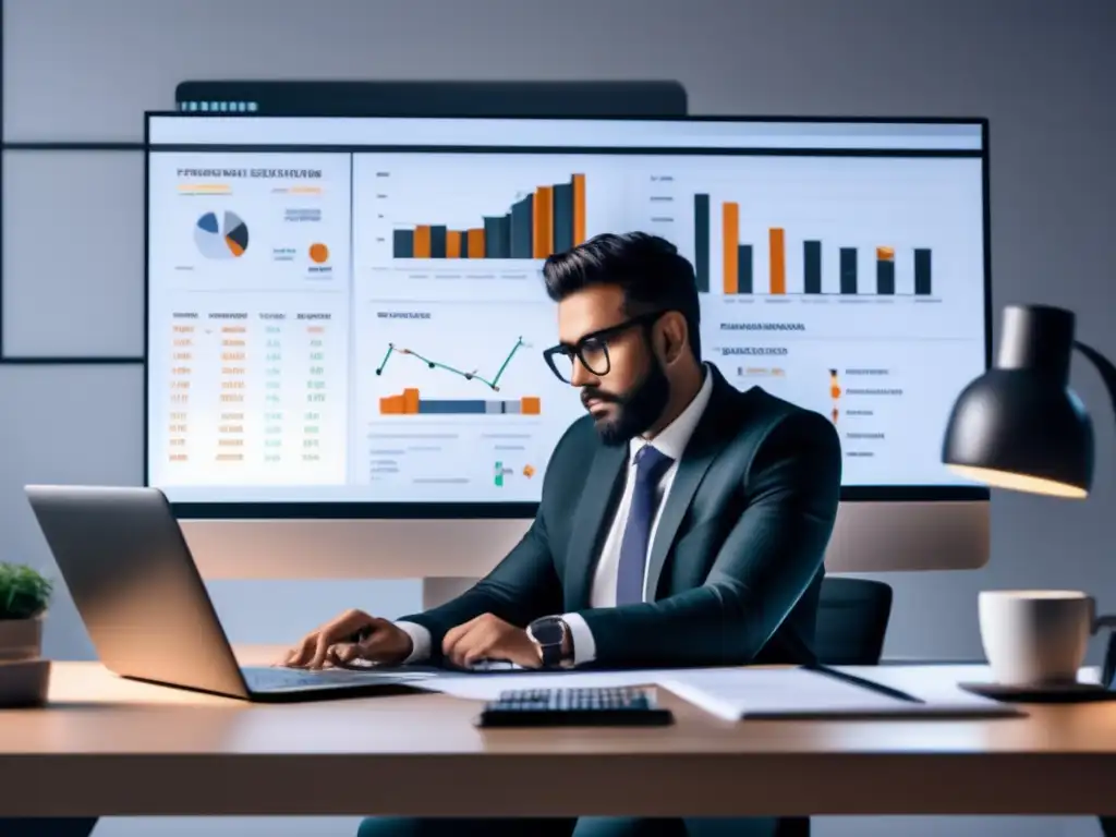 Freelancer analizando inversiones Freelancer en un escritorio moderno rodeado de herramientas de inversión, planificación financiera para freelancers