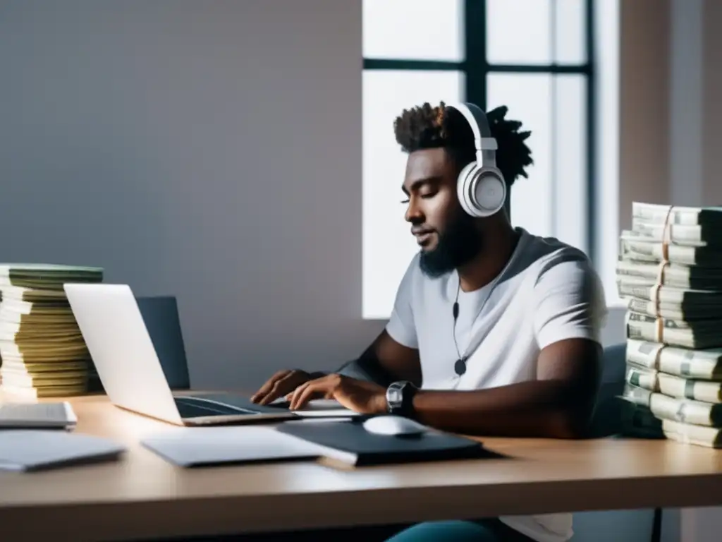 Freelancer enfocado en finanzas Freelancer con laptop, dinero y planificación financiera para freelancers