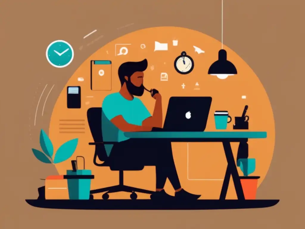 Ilustración minimalista de freelancer en su escritorio Ilustración minimalista de un freelancer en su escritorio, rodeado de elementos que representan sus necesidades y desafíos financieros