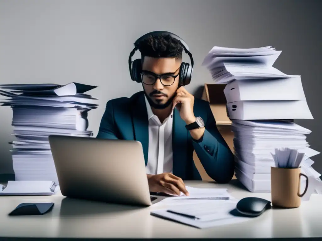 Freelancer organizando finanzas Freelancer trabajando en escritorio moderno rodeado de documentos y recibos - Errores comunes en impuestos para freelancers