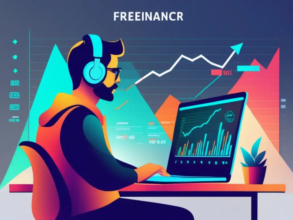 Freelancer en escritorio moderno con gráficos financieros Freelancer en un escritorio moderno rodeado de gráficos financieros y estrategias para maximizar ganancias en el mercado de divisas