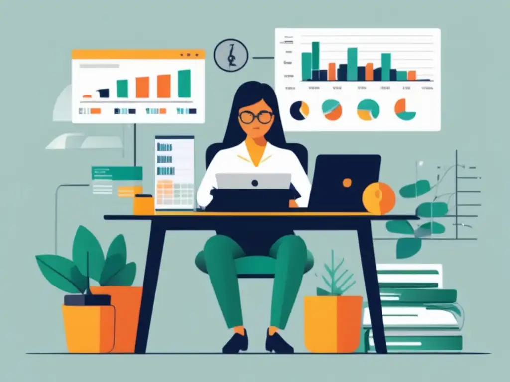 Freelancer enfocado en finanzas Ilustración minimalista de un freelancer enfocado en su escritorio, rodeado de gráficos financieros