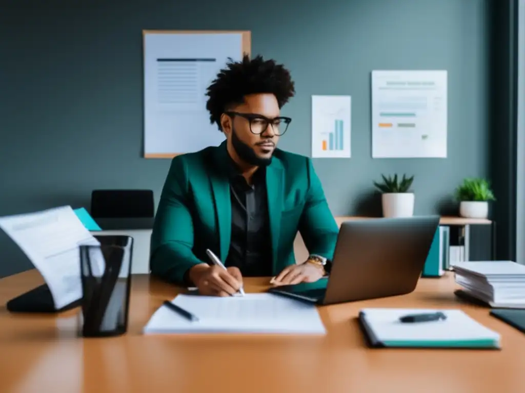 Oficina moderna con freelancer y herramientas financieras Estrategias clave para convertir ganancias de freelancer en inversión exitosa