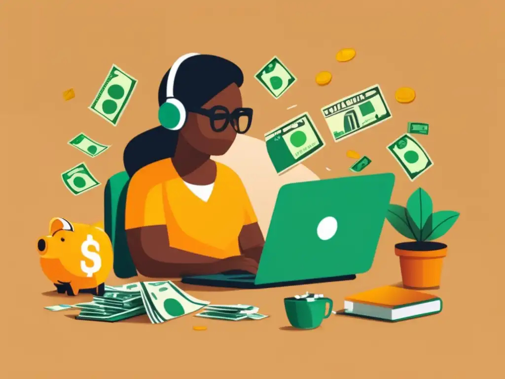Freelancer con desafíos financieros Freelancer en una oficina rodeado de elementos financieros, representando errores financieros de freelancers