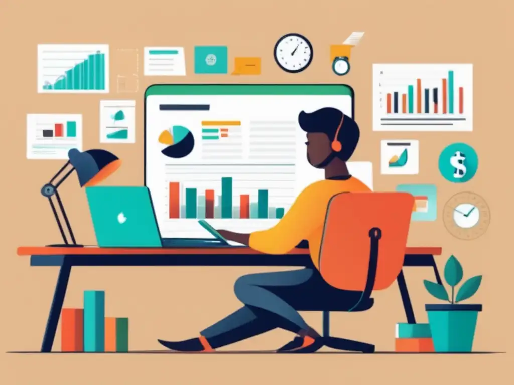 Freelancer organizado y enfocado Ilustración minimalista de un freelancer enfocado y comprometido, rodeado de herramientas y recursos de planificación financiera
