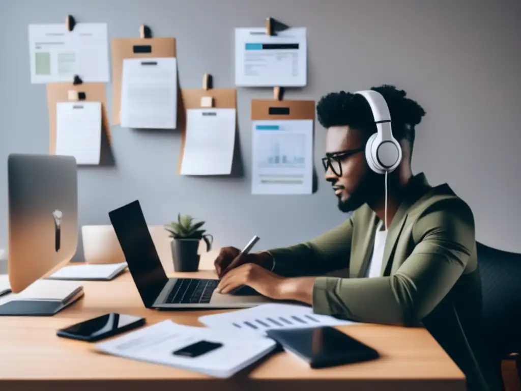 Freelancer enfocado en contratos y finanzas Imagen de freelancer en una oficina organizada con contratos financieros para freelancers