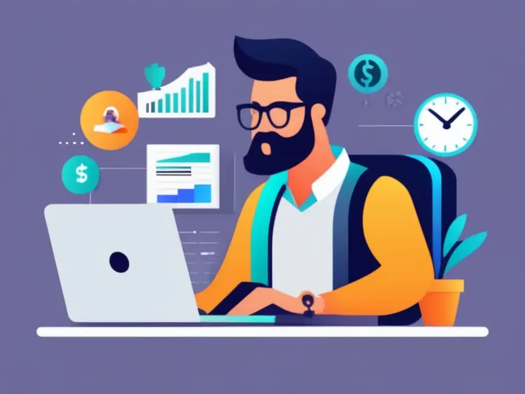 Freelancer gestionando finanzas Ilustración minimalista de freelancer con laptop, gráfica de ingresos y metas financieras en fondo