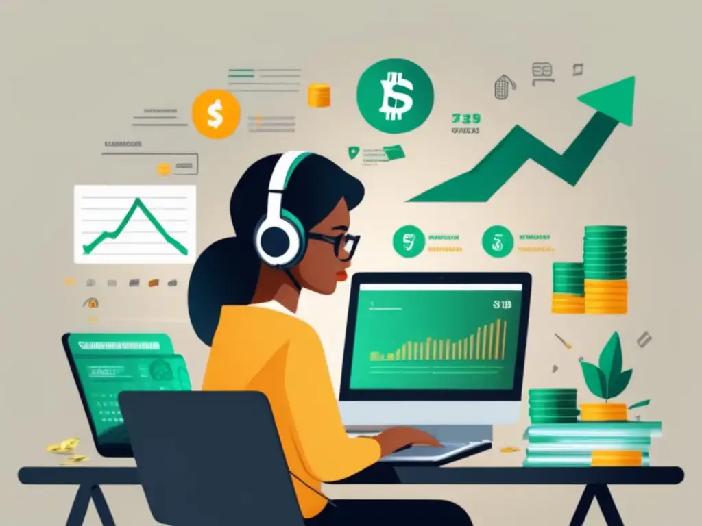 Freelancer trabajando en entorno financiero Freelancer en gestión financiera rodeado de elementos financieros