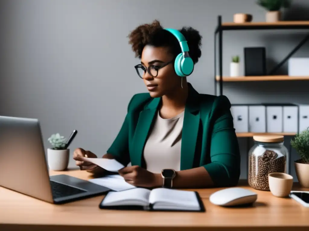 Freelancer concentrado en su escritorio con elementos financieros Un freelancer concentrado en su trabajo, rodeado de elementos financieros y con principios fundamentales del ahorro para freelancers