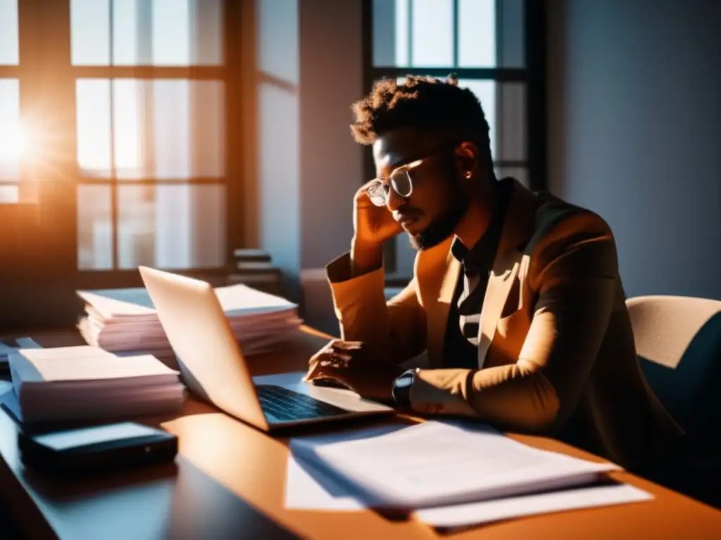 Freelancer concentrado en escritorio con papeles y laptop Freelancer en escritorio con papeles, laptop y calculadora, reflexionando sobre planificación financiera a largo plazo para freelancers