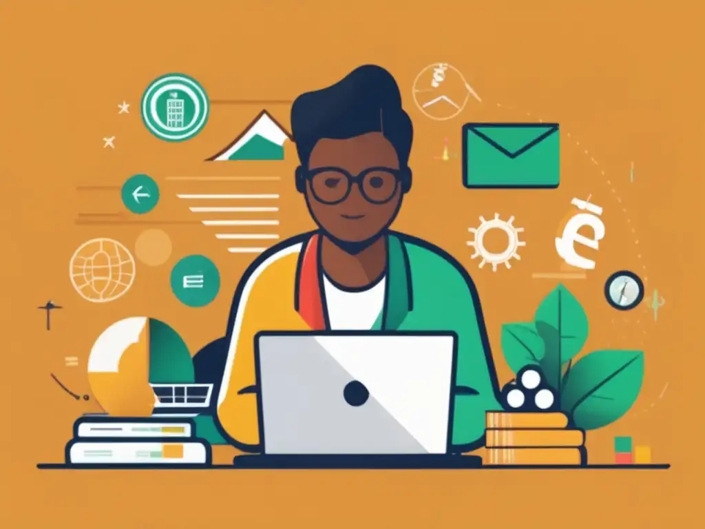 Freelancer productivo y diversificado Ilustración minimalista de un freelancer rodeado de herramientas e inversiones, representando estrategias de inversión exitosas para freelancers