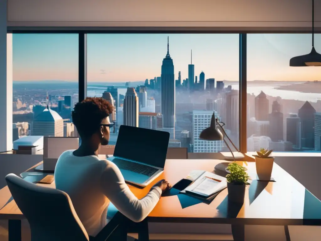Freelancer organizado en su oficina con vista a la ciudad Imagen: Freelancer con ingresos pasivos en planificación y gestión financiera especializada