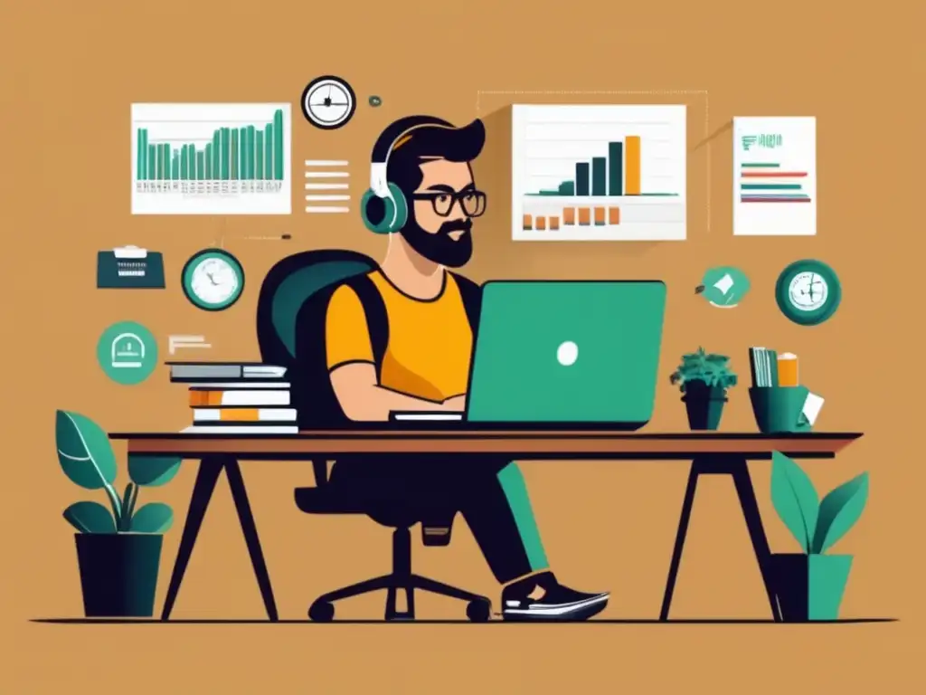 Freelancer en control financiero Freelancer enfocado en su trabajo, con gestión de riesgos financieros para freelancers