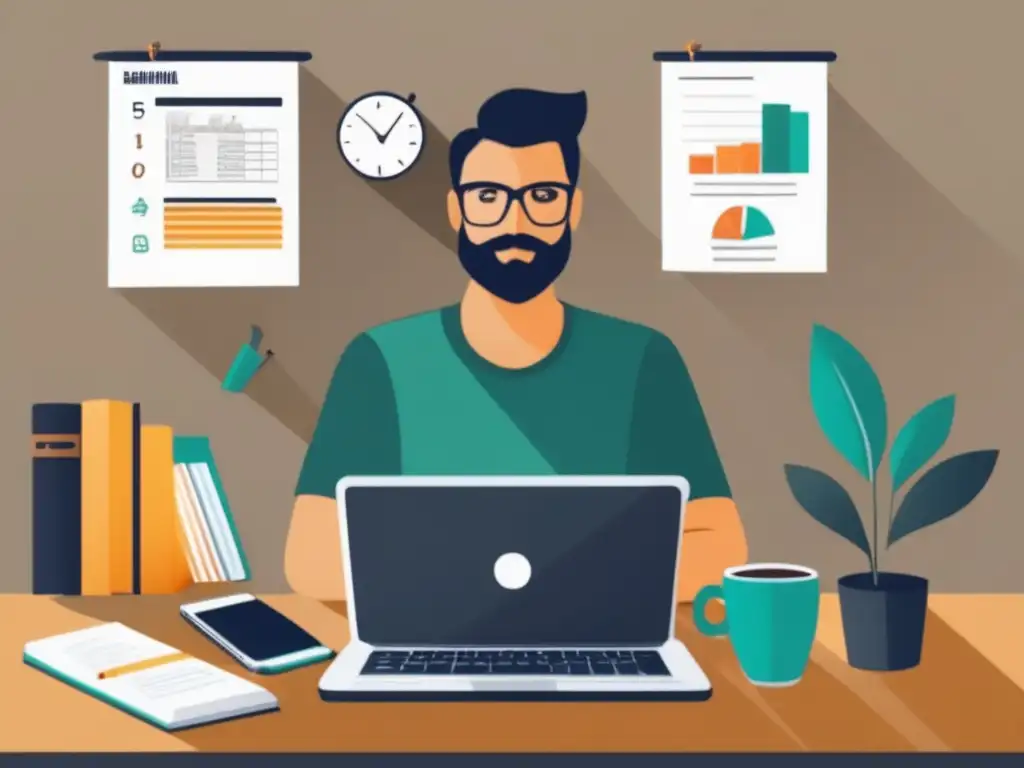 Freelancer enfocado, rodeado de elementos financieros Freelancer enfocado en metas financieras: presupuesto, ingresos y gastos