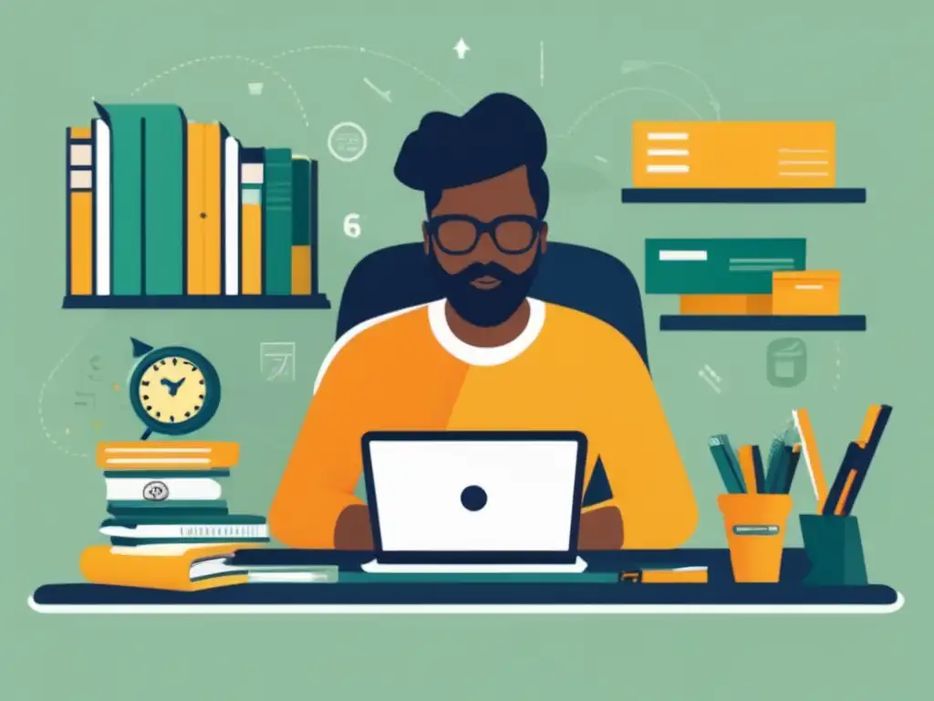 Freelancer concentrado en su escritorio Freelancer pensativo rodeado de herramientas financieras y libros sobre créditos para freelancers