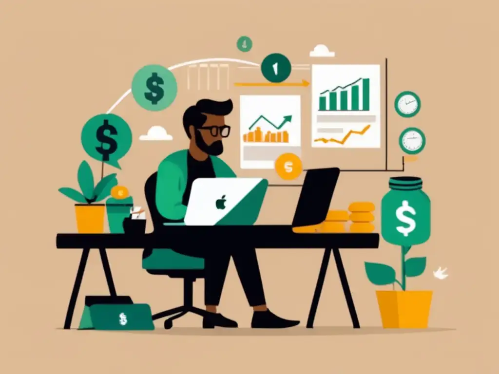 Estrategias financieras para freelancers Ilustración minimalista: freelancer en escritorio con elementos financieros