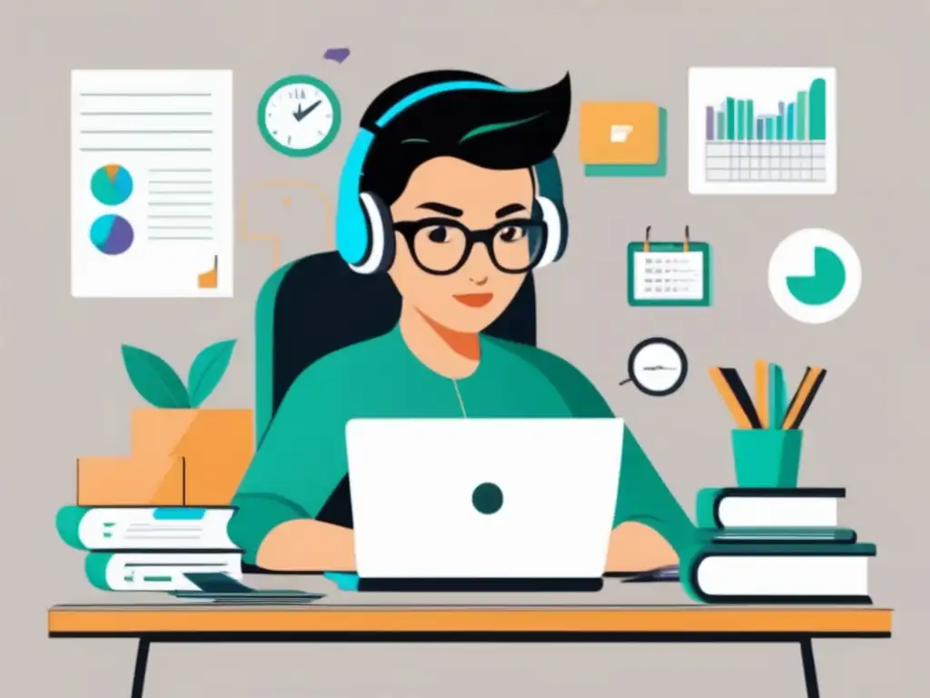 Freelancer concentrado con herramientas financieras Ilustración minimalista de un freelancer enfocado en su trabajo en un escritorio, rodeado de herramientas de gestión financiera