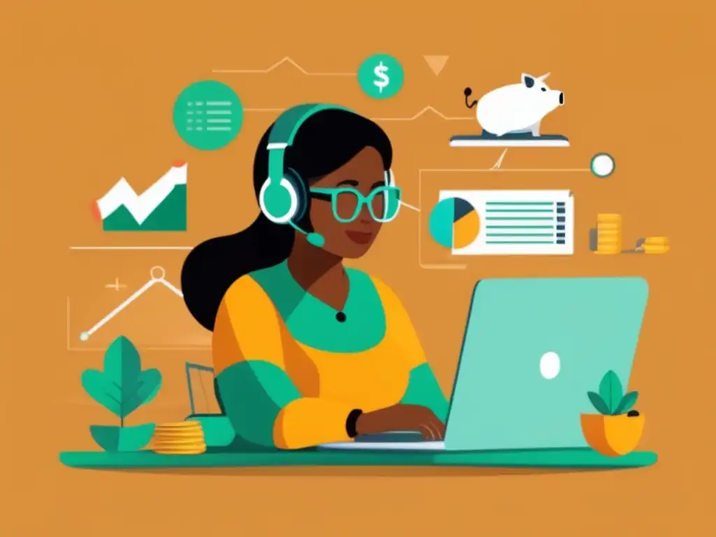 Freelancer financiero trabajando Ilustración minimalista de un freelancer trabajando en su escritorio rodeado de elementos financieros