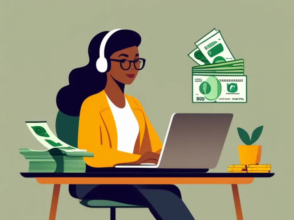 Freelancer confiado en su escritorio financiero Ilustración minimalista de un freelancer en su escritorio, rodeado de elementos financieros
