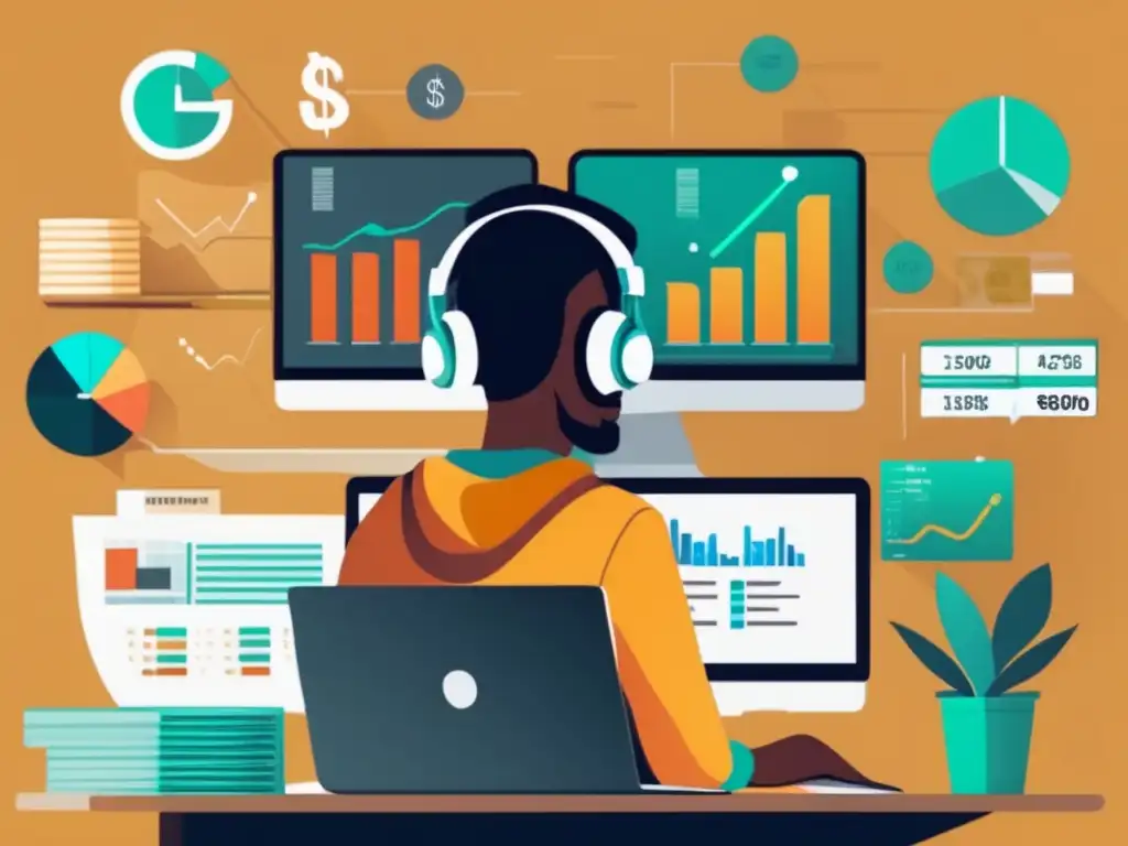 Freelancer exitoso rodeado de dinero y gráficos financieros Freelancer enfocado en metas financieras, rodeado de dinero, laptop y gráficos
