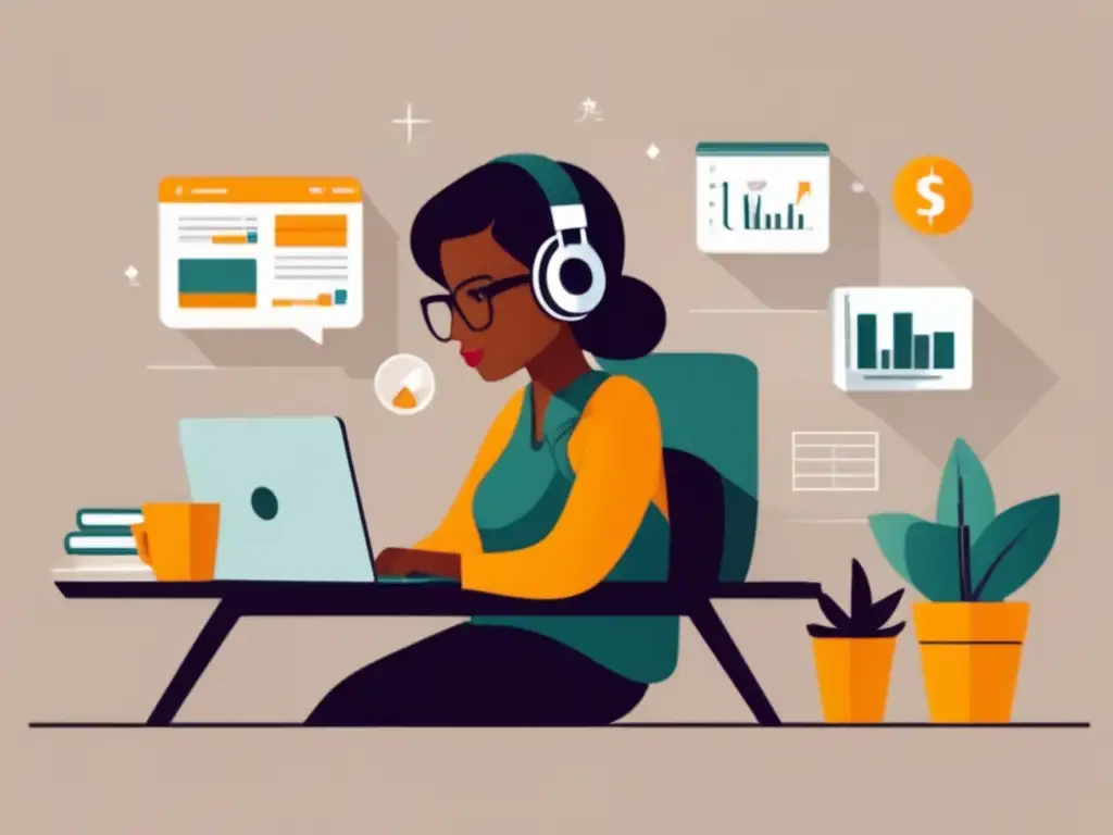 Freelancer eficiente y exitoso Ilustración minimalista y elegante de un freelancer en su escritorio, rodeado de elementos financieros