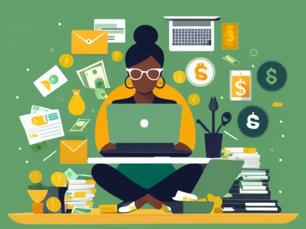 Gestión financiera para freelancers Freelancer diversificando ingresos, ahorrando y recortando gastos en periodo económico bajo