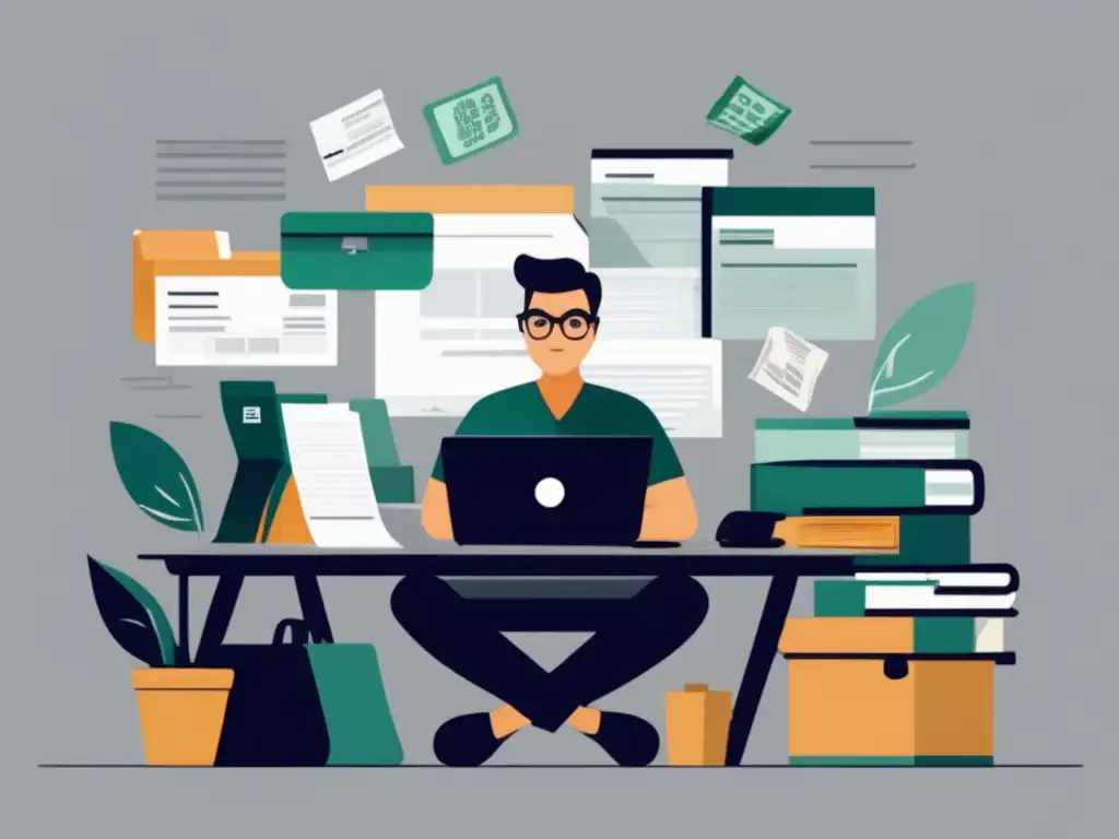 Freelancer organizado y profesional Freelancer en escritorio con dinero, facturas y documentos financieros