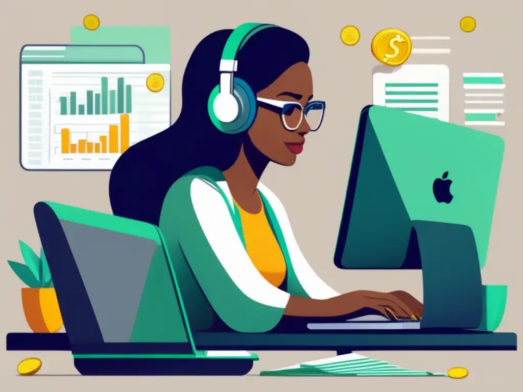 Freelancer enfocado en finanzas y éxito Ilustración minimalista de un freelancer en su escritorio rodeado de dinero y documentos financieros