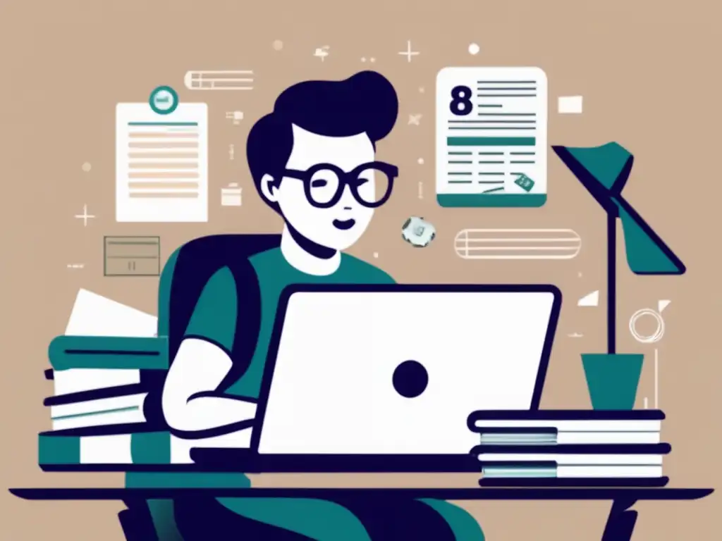 Freelancer organizado y profesional Freelancer en oficina con laptop y documentos, planificación financiera para freelancers