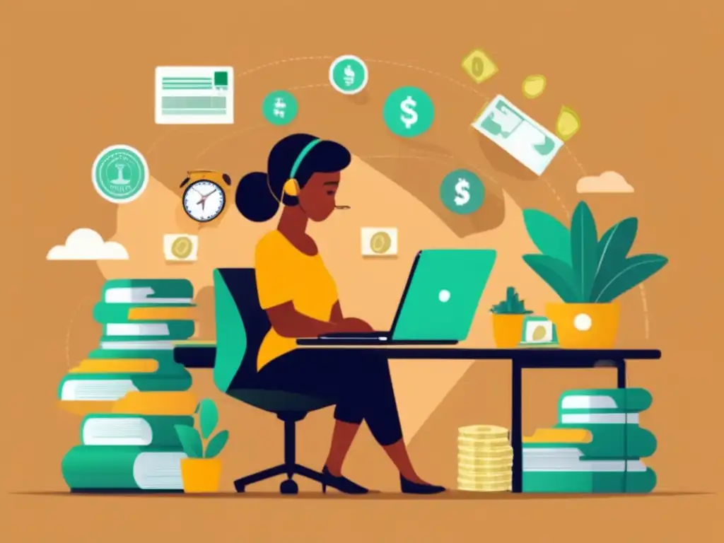 Ilustración de planificación financiera para freelancers Ilustración minimalista de un freelancer en su escritorio, rodeado de fuentes de ingresos