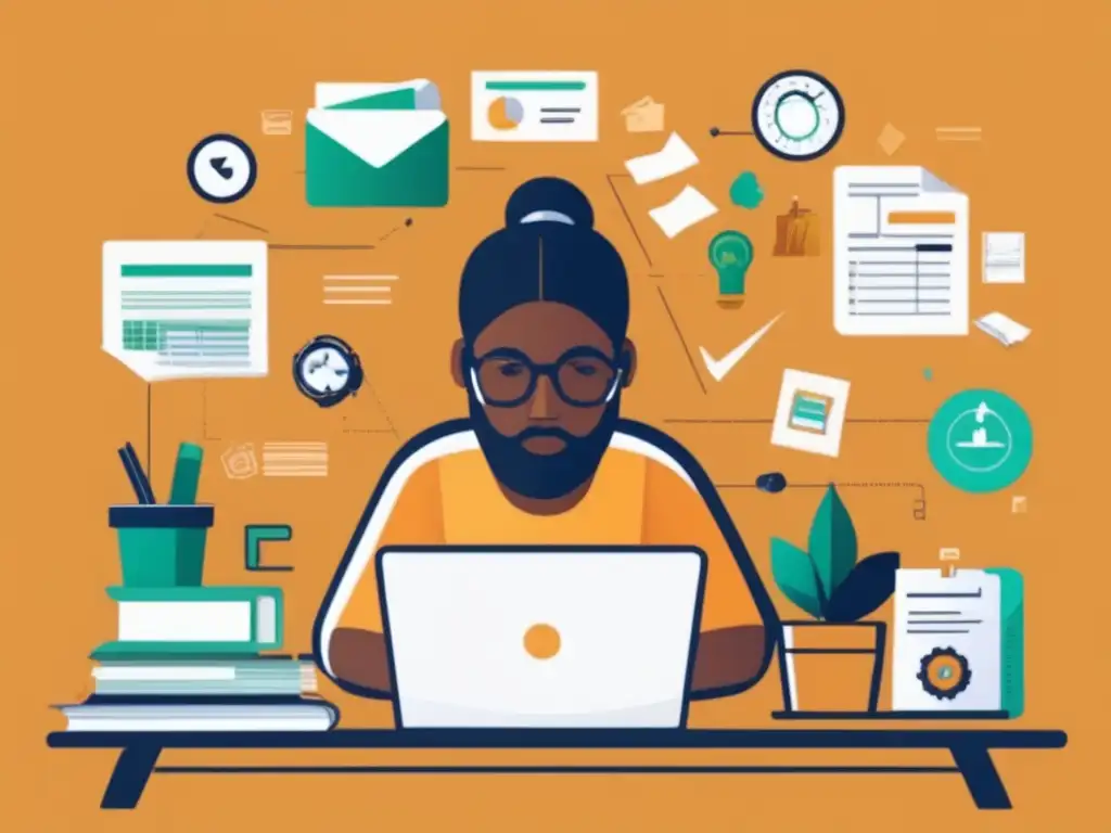 Ilustración minimalista de freelancer gestionando riesgos financieros Ilustración minimalista de un freelancer en su escritorio con una laptop rodeado de herramientas financieras y documentos