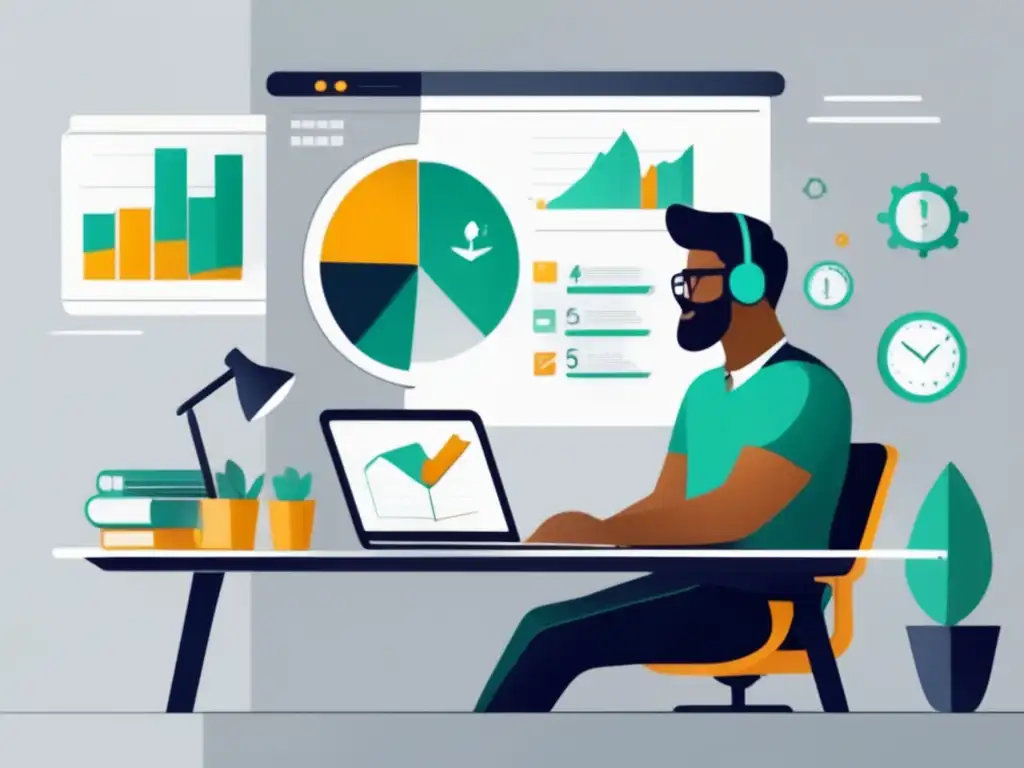 Freelancer en entorno financiero seguro Freelancer en sala amplia y luminosa, rodeado de objetos que representan estabilidad financiera y protección