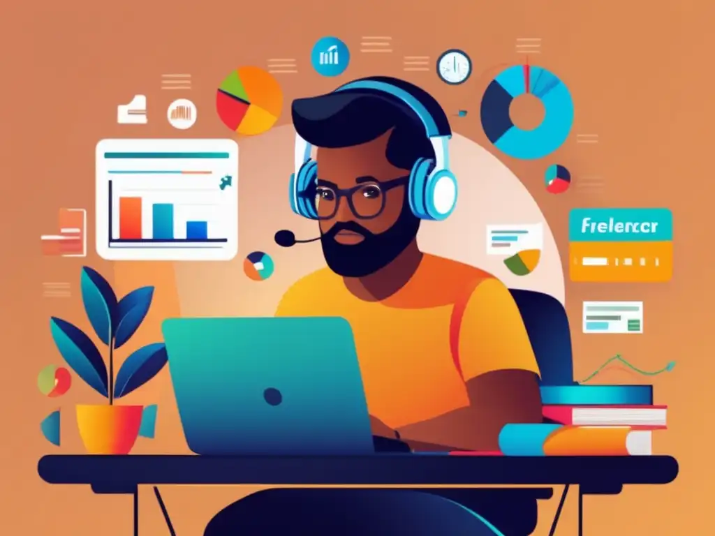 Freelancer enfocado rodeado de elementos financieros Freelancer protege finanzas y enfrenta impagos