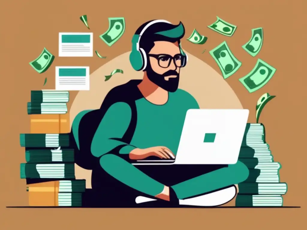Freelancer exitoso con dinero Freelancer con colchón financiero, trabajando con determinación en un escritorio limpio rodeado de dinero y herramientas esenciales