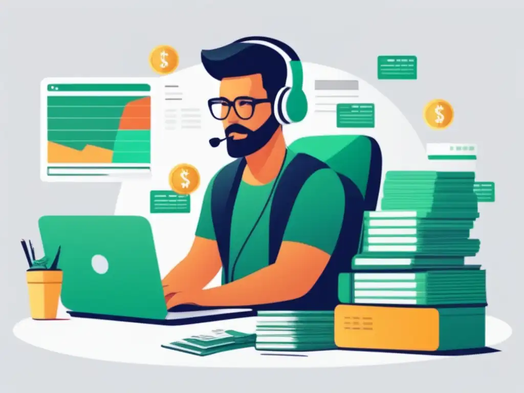 Freelancer enfocado en trabajo financiero Ilustración minimalista de un freelancer en su escritorio con laptop rodeado de dinero, facturas y gráficos financieros
