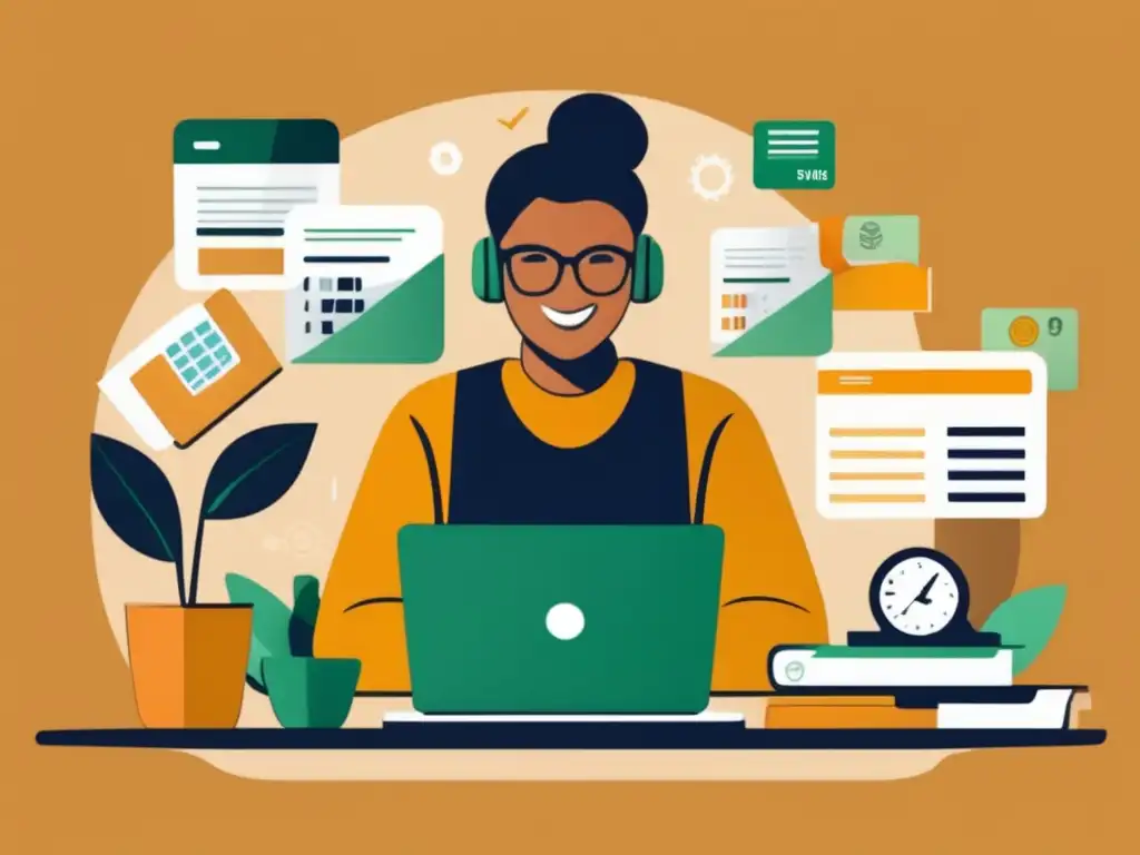 Freelancer controlando finanzas Ilustración minimalista: freelancer con laptop, elementos financieros, gestión y planificación de crédito para freelancers