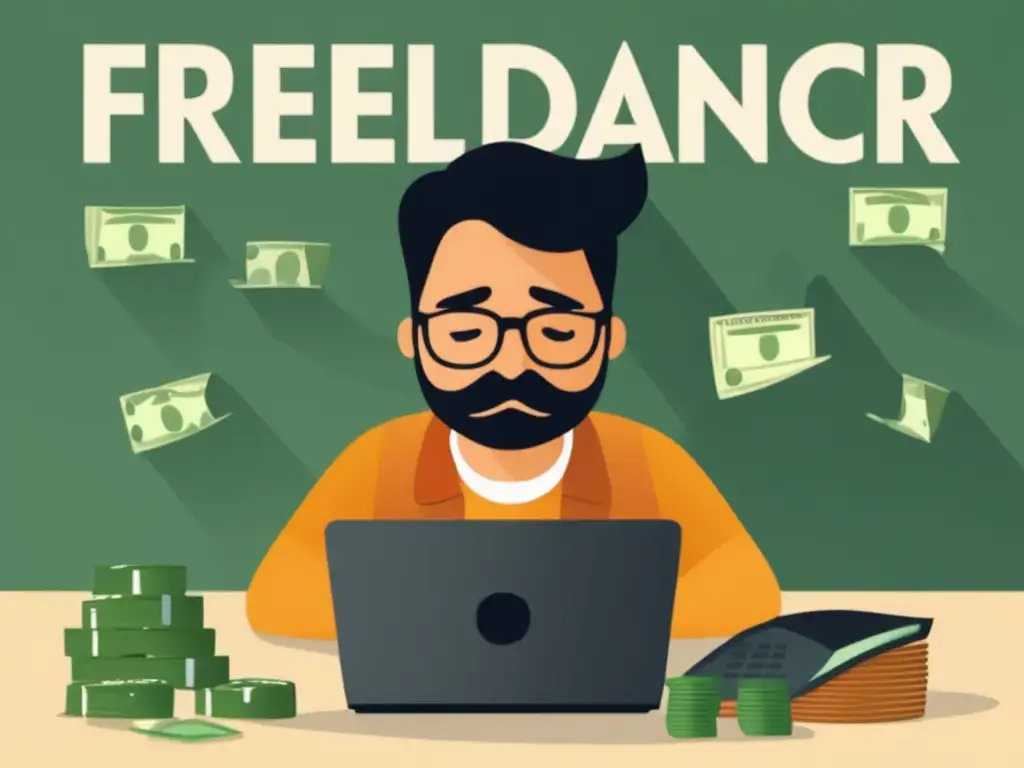 Desafíos financieros del freelancer Freelancer preocupado rodeado de dinero, resaltando la importancia de un fondo de emergencia