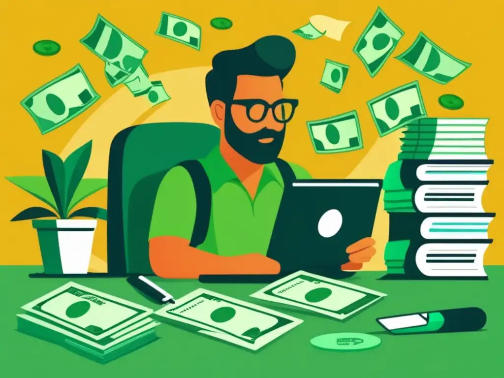 Freelancer analizando dinero: importancia de la gestión financiera Errores financieros de freelancers: magnificando dólar y documentos