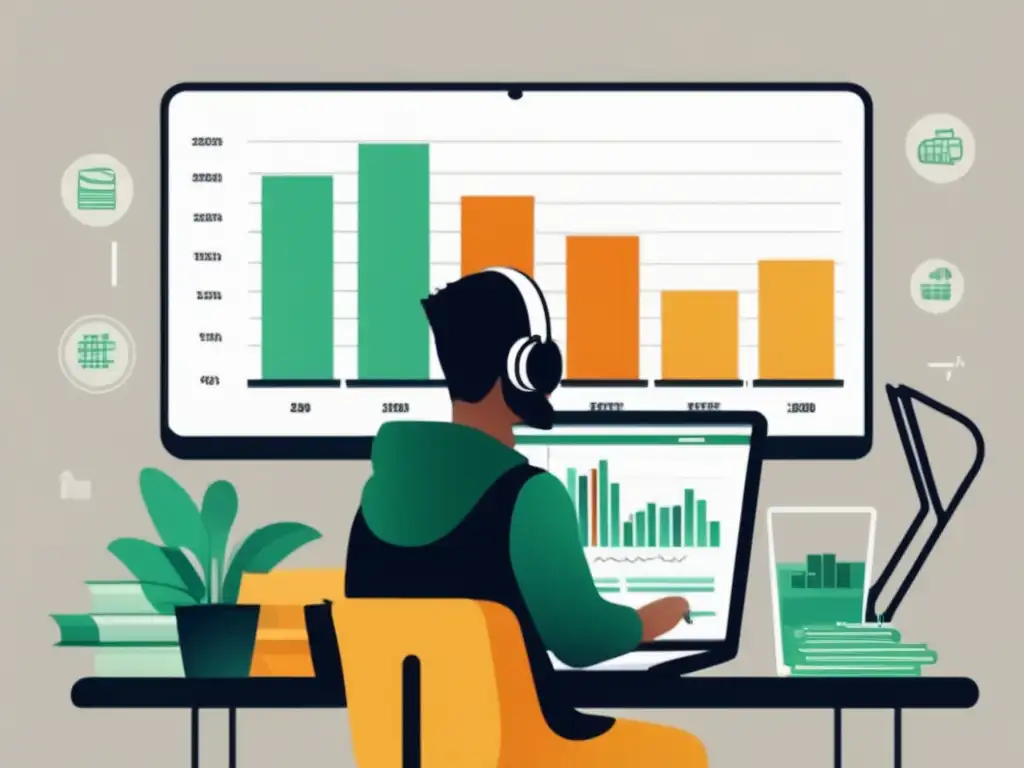 Freelancer enfocado en crecimiento financiero Freelancer con ingresos crecientes, rodeado de dinero y gráficos financieros