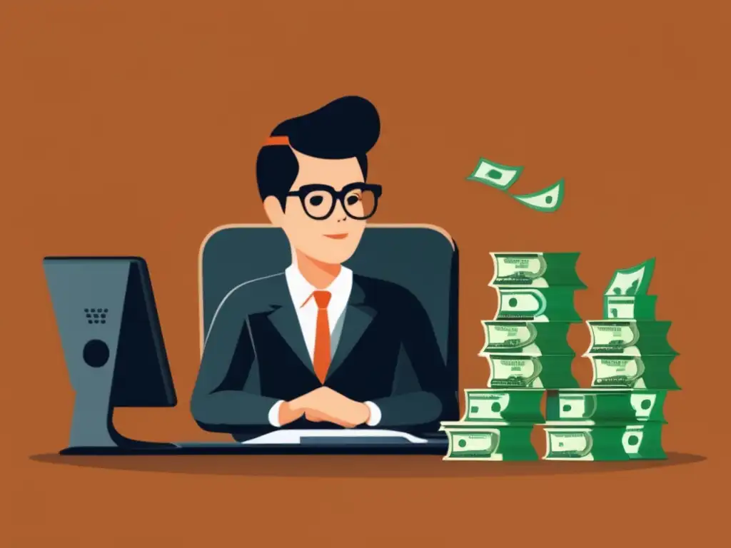 Freelancer enfocado rodeado de dinero y una balanza Freelancer protege finanzas en fluctuaciones económicas