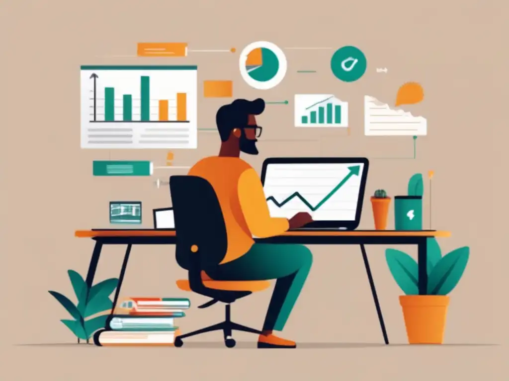 Freelancer en oficina con éxito financiero Ilustración minimalista de un freelancer en su acogedora oficina en casa rodeado de elementos financieros que representan los beneficios de una sólida estrategia financiera
